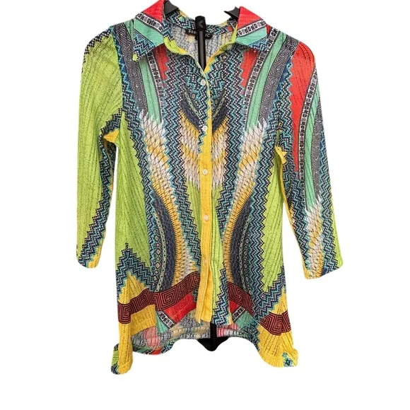 Boho Chic Global Vibe Colorful Patterned  Button-Up Sheer Cover Shirt Women’s M - Picture 2 of 8